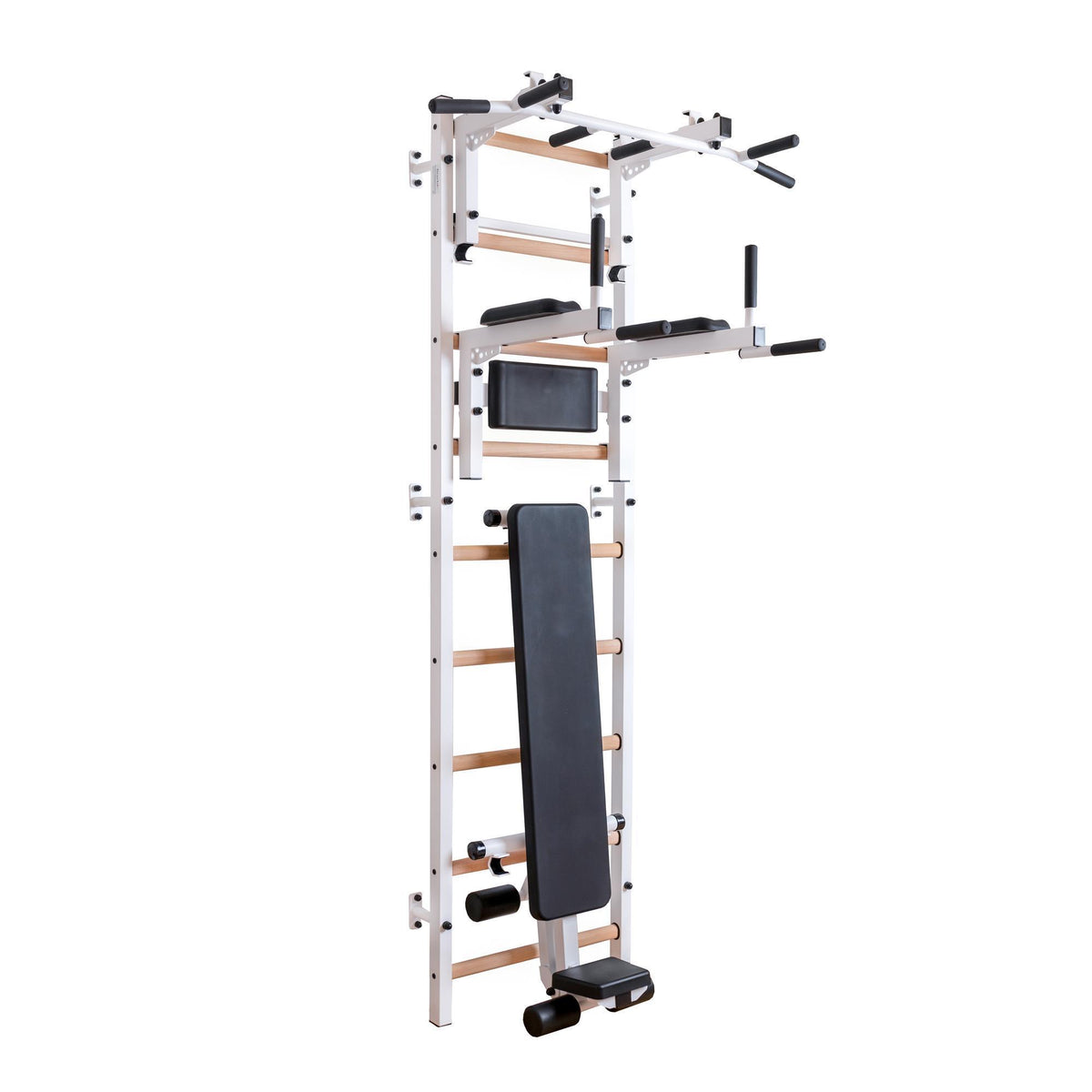 BenchK Sprossenwand 733 mit Klimmzugstange aus Stahl als Langhantelhalter, Dipstange und Trainingsbank – Ansicht 2