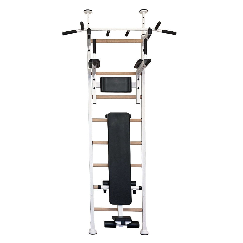 BenchK Sprossenwand 523 mit Klimmzugstange aus Stahl, Dipstange und Trainingsbank – Ansicht 2