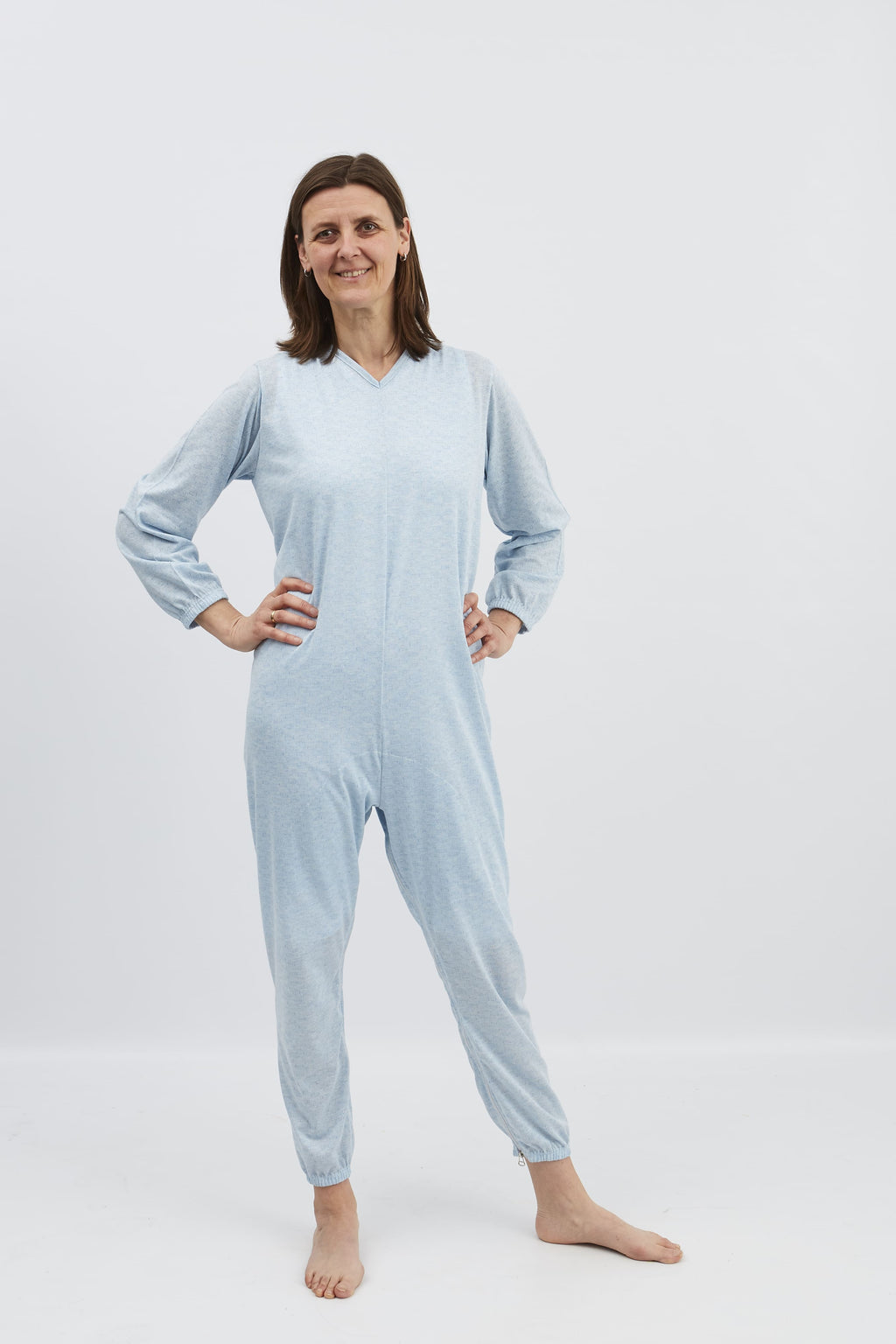 anne-lore by Van Herck Pyjama blau/grau/pink Reißverschluss auf den Rücken und zwischen den Beinen