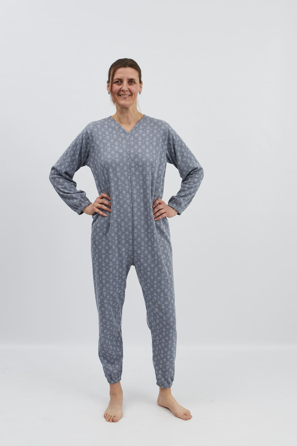 anne-lore by Van Herck Winterpyjama blau/grau, lange Beine, lange Ärmel, Reißverschluss auf den Rücken