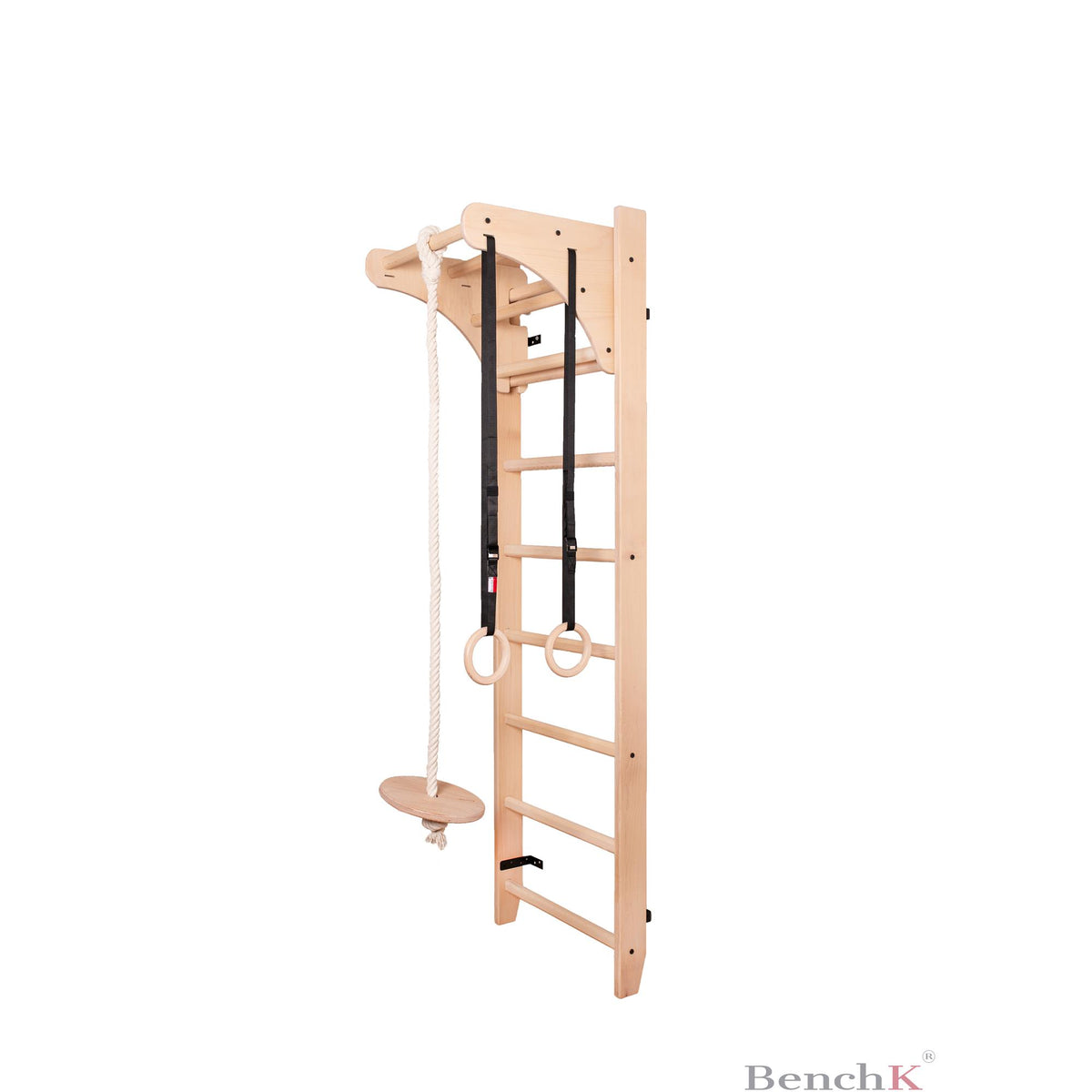 BenchK Sprossenwand 111 aus massivem Buchenholz mit verstellbarer Klimmzugstange und Turnzubehör A204